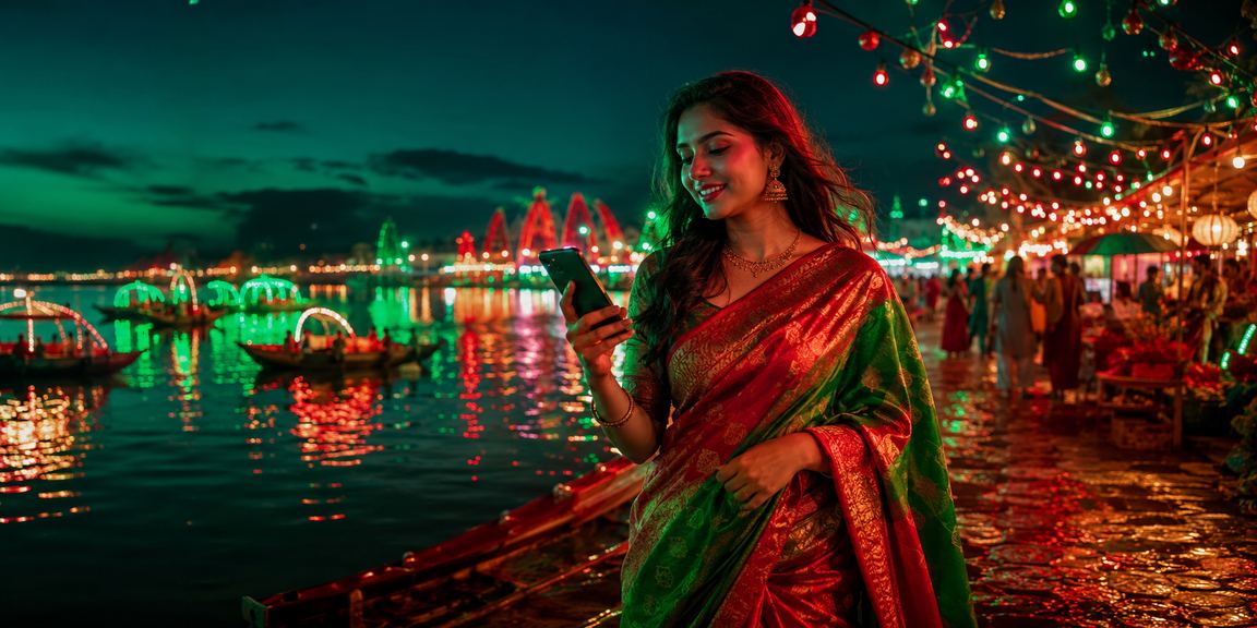 বাংলাদেশে শাড়ি পরিহিত নারী মোবাইল পেমেন্টে ক্যাশব্যাক গ্রহণ করছেন