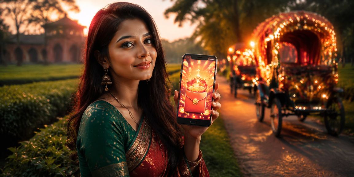 Bonus Red Envelope offer set against a tea garden backdrop in Dhaka